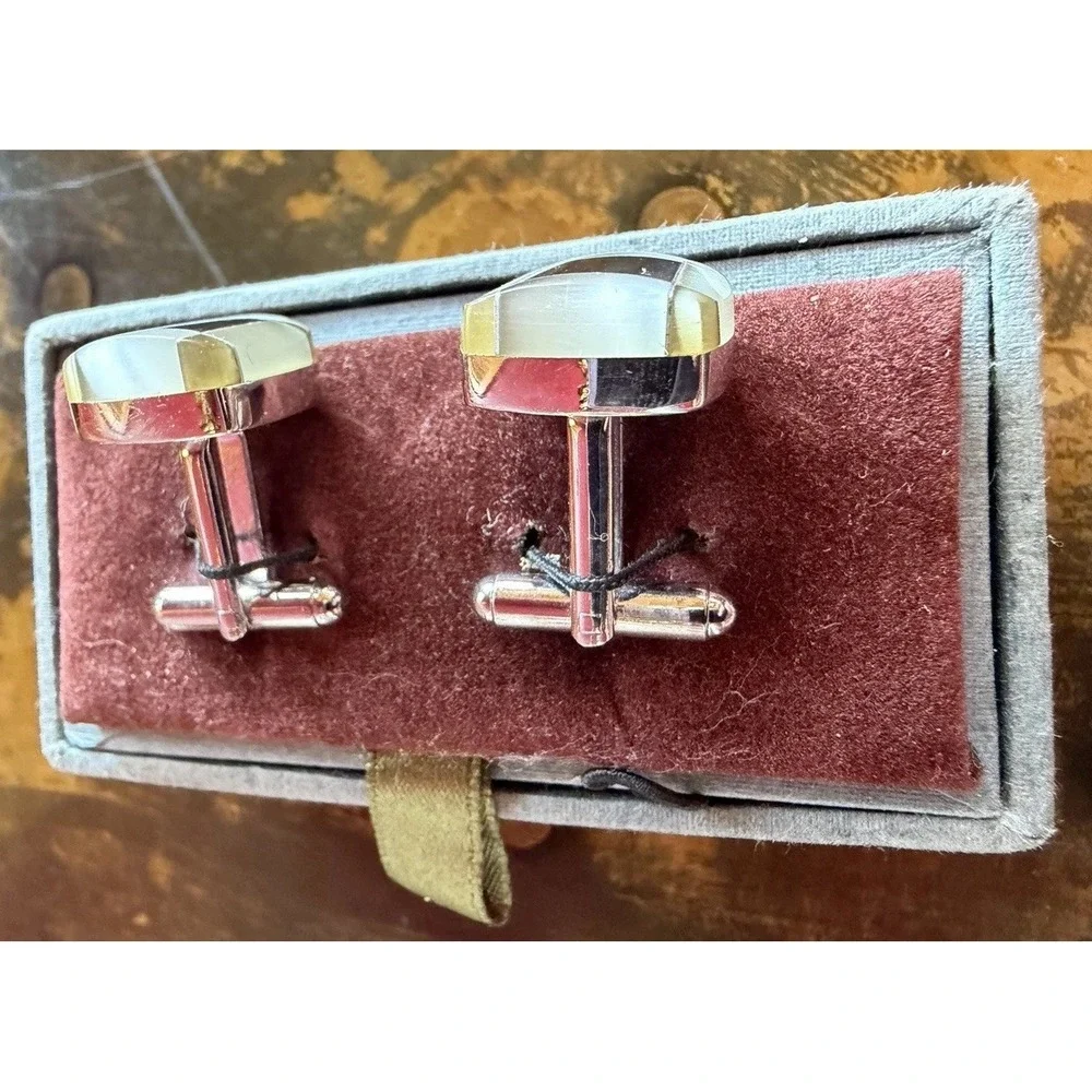 VTG Joseph Abboud Cufflinks Onyx Mother of Pearl Inlay Silver Tone Grid W/ Box